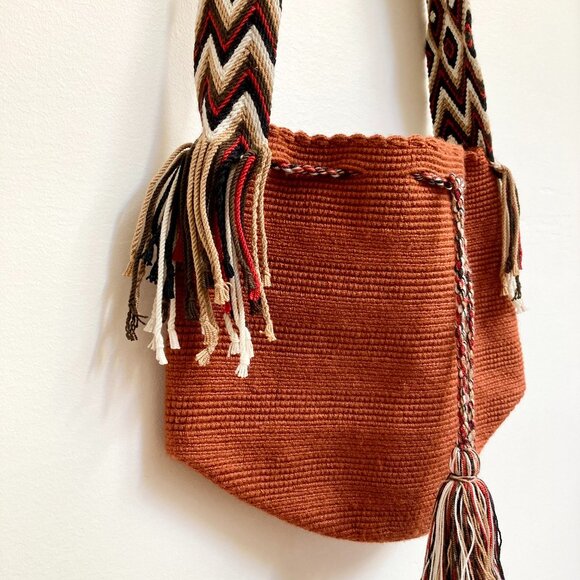 Handcrafted Woven Crossbody Tote Bag In Rust W/Multi-Colored Tassels | Unisex - Picture 2 of 12